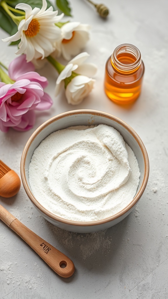 A bowl of flour face mask mixture with a brush, honey, and flowers in a serene setting.